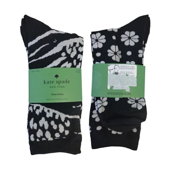 Kate Spade 3 Pairs Black White Floral Animal Prints Crew Socks NWT - Picture 6 of 10